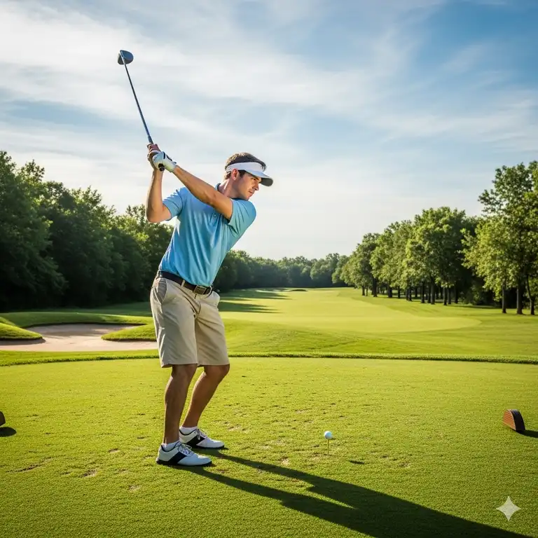 Ein Golf-Anfänger schwingt einen Driver auf einem Golfplatz und zielt auf das Fairway.