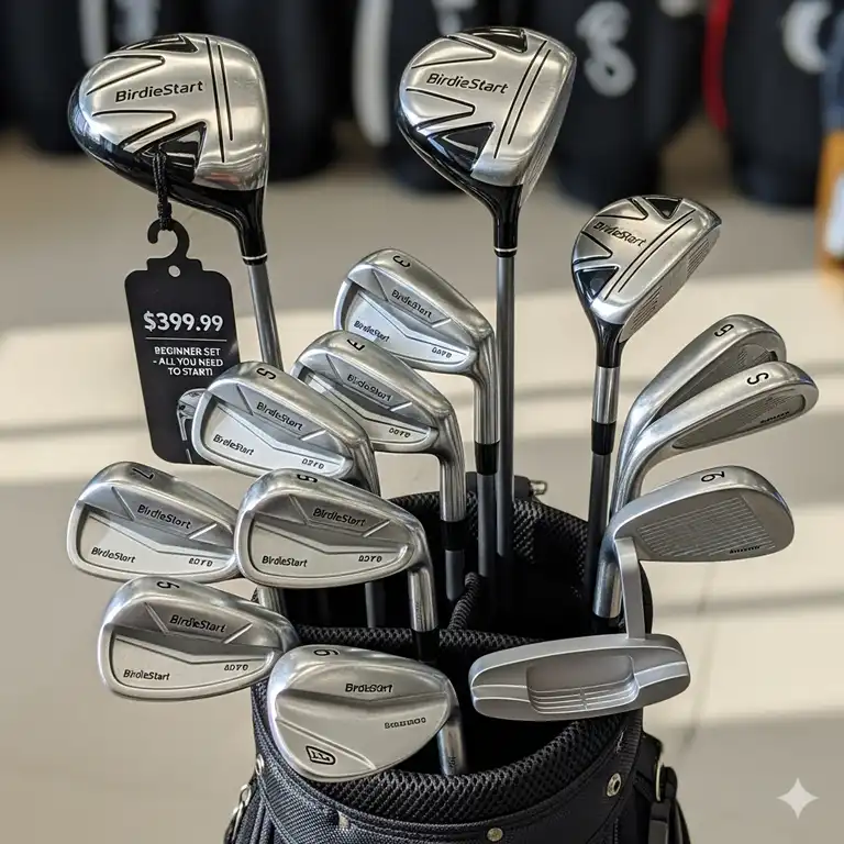 Eine detaillierte Nahaufnahme von einem kompletten Golfschläger Set, das alle notwendigen Schläger für Anfänger enthält, perfekt zum kaufen bereit.