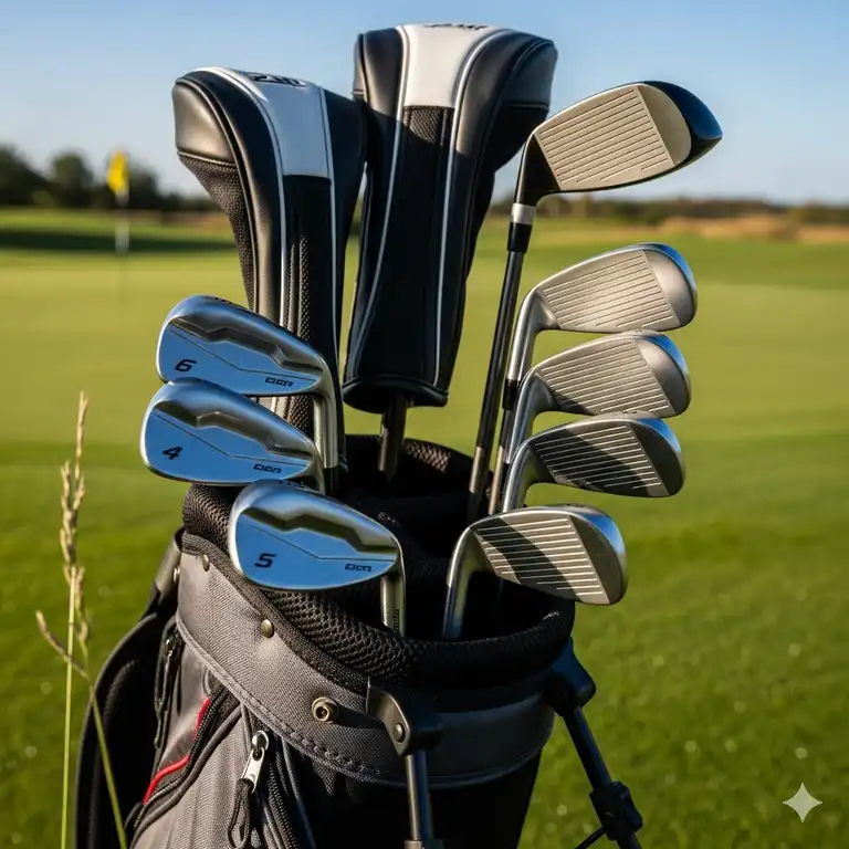 Nahaufnahme eines modernen günstiges eisen set golf, das ordentlich in einer Golftasche auf einem sonnigen Golfplatz präsentiert wird.