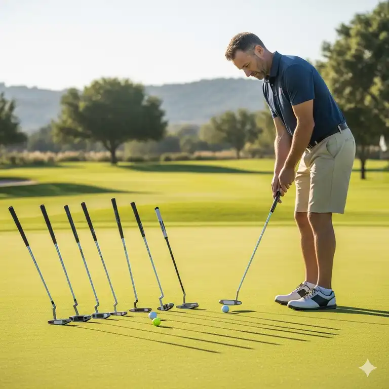 Ein Golf-Enthusiast testet verschiedene Präzisions-Golf-Putter auf einem Green, um den besten für sein Spiel zu finden.