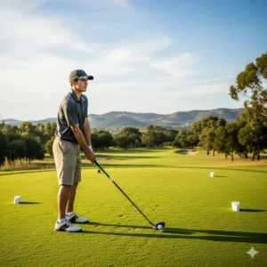 Ein Golf-Anfänger hält einen Driver in der Hand, bereit für den ersten Schlag auf dem Golfplatz.