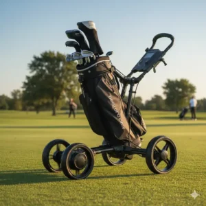 Nahaufnahme eines erschwinglichen elektrischen Golf-Trolleys günstig im Einsatz.