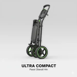 Nahaufnahme der kompakten Größe des faltbarer golf trolley leicht im zusammengeklappten Zustand.