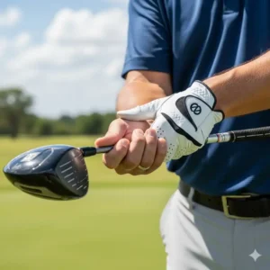 Nahaufnahme eines Golfers, der den korrekten Griff für einen Driver demonstriert.