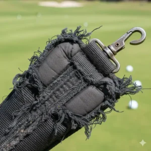 Nahaufnahme eines zerrissenen Golf tasche trageriemen, der deutlich die Notwendigkeit für einen ersatz zeigt.