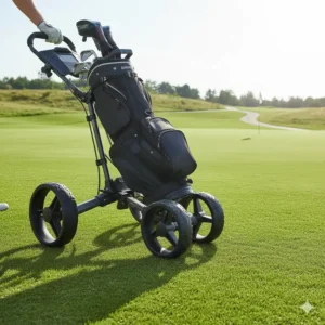Nahaufnahme eines golf trolley 3 räder stabil, der einen steilen Hügel hinauffährt.