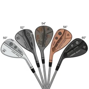 Eine Illustration, die ein Golf Wedge Set für Profis zeigt und verschiedene Schlägerköpfe sowie Finishes für fortgeschrittene Spieler hervorhebt.