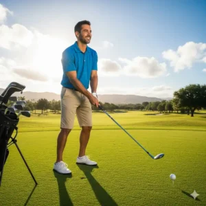 Ein lächelnder Golfer auf dem Fairway, der ein günstiges eisen set golf benutzt.