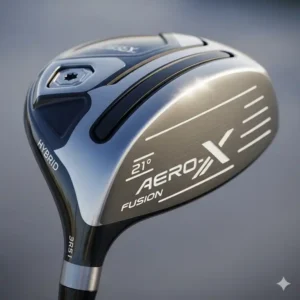 Nahaufnahme des aerodynamischen Schlägerkopfs eines modernen Golf-Hybrid-Schlägers.

