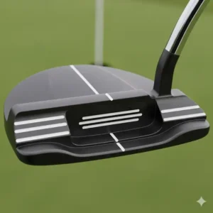 Nahaufnahme des Putter-Kopf-Designs, das die präzise Ausrichtung für einen geraden Schlag demonstriert. Präziser Golf Putter Test