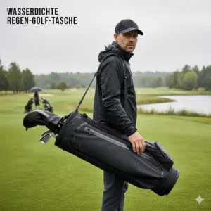 Nahaufnahme eines Golfspielers mit einer wasserdichte Golf Tasche im Regen, die zum kaufen empfohlen wird.