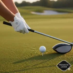 Eine Golferin hält einen Schläger, sichtbar ist der perfekte Sitz des golf handschuhe damen leder Handschuhs.