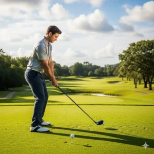 Die richtige Ansprechhaltung eines Mannes beim Abschlag mit einem Driver. Driver Golf Anfänger Herren