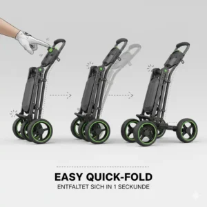 Eine Illustration, die den einfachen Aufklappmechanismus des faltbarer golf trolley leicht zeigt.