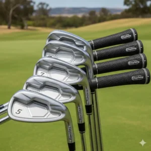 Verschiedene Eisen-Schläger aus einem Golf-Schläger Set, die ideal für Anfänger sind und gute Kontrolle bieten.