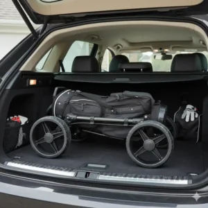 Kompakter, zusammengeklappter golf trolley 3 räder stabil im Kofferraum.