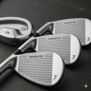 Detailaufnahme der Schlägerköpfe von einem neuen, günstiges eisen set golf, die die sauberen Rillen und das moderne Design hervorhebt.