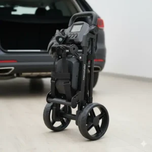 Nahaufnahme eines erschwinglichen elektrischen Golf-Trolleys günstig im Einsatz.