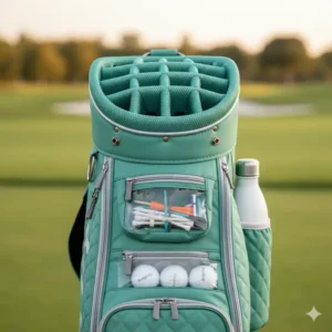 Innenansicht einer leichte Golftasche Damen, die Fächer für Bälle, Tees und eine Wasserflasche zeigt.