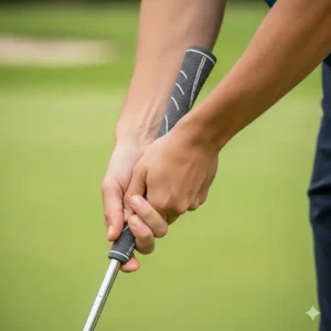 Ein Golfer hält einen Putter fest, der die Ergonomie des Griffs zur Verbesserung der Schlagkontrolle und Präzision hervorhebt.