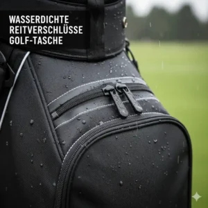 Detaillierte Ansicht der wasserdichten Reißverschlüsse einer wasserdichte Golf Tasche für den kaufen-Entscheidungsprozess.