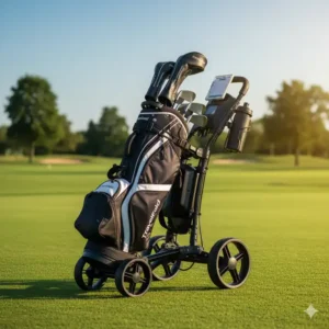 Ein günstiger elektrischer Golf-Trolley mit nützlichem Zubehör.