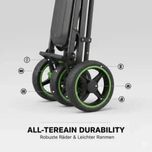 Detaillierte Ansicht der robusten Räder und des Rahmens des faltbarer golf trolley leicht.