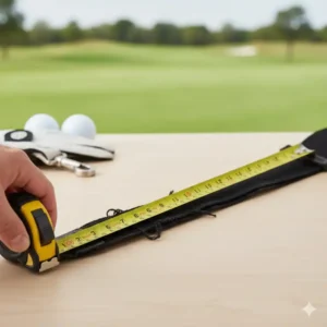 ine Person misst einen Golf tasche trageriemen ersatz Gurt, um sicherzustellen, dass er die richtige Länge für die Golftasche hat.