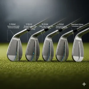 Ein Beispiel für verschiedene Sohlenschliffe bei einem Golf Wedge Set für Profis, die zeigen, wie sie die Raseninteraktion beeinflussen.
