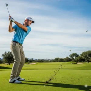 Ein Golfer schwingt seinen neuen Hybrid-Schläger auf dem Golfplatz, um den Ball mit optimaler Flugbahn und Weite zu schlagen.