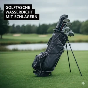 Eine gut organisierte wasserdichte Golf Tasche, die zum kaufen bereit ist, mit allen Golfschlägern an ihrem Platz.