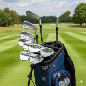 Ein vollständiges günstiges eisen set golf, ordentlich in einer leichten Golftasche angeordnet.