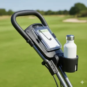 Ergonomischer Griff mit Zubehörhalterungen an einem golf trolley 3 räder stabil.