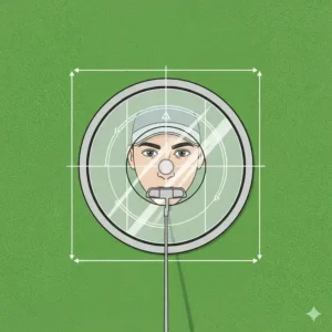 Ein Golfer übt mit einem Spiegel, einem Golf Putting Training Aid, und prüft seine Augenposition.