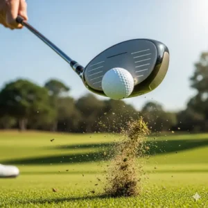 Der Moment des Ballkontakts (Impact) eines Golfers mit dem Driver.