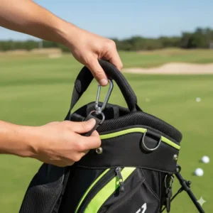 Erster Schritt der Installation eines Golf tasche trageriemen ersatz, der die Befestigung des Gurtes an der Tasche zeigt.