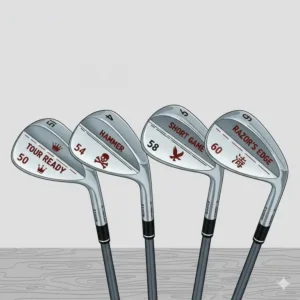 Ein individuell gestaltetes Golf Wedge Set für Profis, das personalisierte Optionen für den einzigartigen Stil eines professionellen Spielers zeigt.