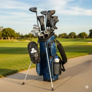 Ein leichtes Golfbag, gefüllt mit einem kompletten Golfschläger Set, bereit für den Transport.
