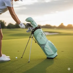 Eine aufrecht stehende leichte Golftasche Damen mit einem stabilen, ausziehbaren Stand.