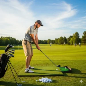 Ein Golfanfänger übt seinen Schwung auf der Driving Range mit einem günstiges eisen set golf.