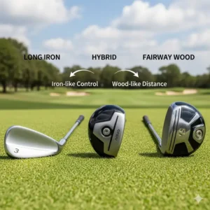 Eine visuelle Gegenüberstellung, die zeigt, wie ein Golf-Hybrid-Schläger zwischen einem langen Eisen und einem Fairway-Holz positioniert ist.