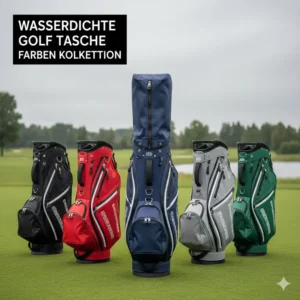 Eine Kollektion verschiedener wasserdichte Golf Taschen in verschiedenen Farben, die zum kaufen angeboten werden.