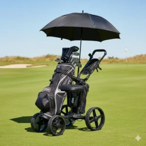 Vielfältiges Zubehör wie Schirmhalter an einem golf trolley 3 räder stabil.
