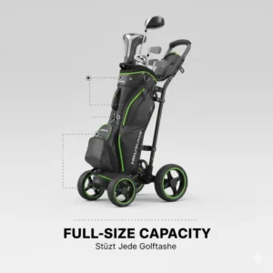 Eine Abbildung, die zeigt, wie eine Golftasche sicher auf dem faltbarer golf trolley leicht befestigt ist.