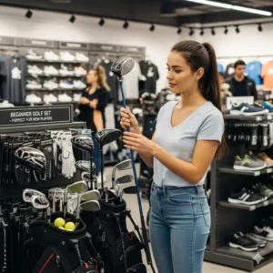 Eine junge Frau, die in einem Sportgeschäft ein Golfschläger Set für Anfänger auswählt.