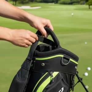 Der zweite Schritt, wie ein neuer Golf tasche trageriemen als ersatz korrekt an der Golftasche montiert wird.