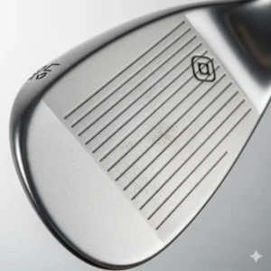 Eine Nahansicht der präzisionsgefrästen Grooves auf einem Golf Wedge für Profis, die für maximale Spin-Kontrolle entwickelt wurden.