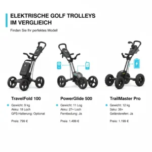 Ein Seitenansicht, die verschiedene Modelle von günstigen elektrischen Golf-Trolleys für einen Preisvergleich zeigt.