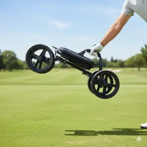 Ein Golfer hebt einen leichten golf trolley 3 räder stabil mit einer Hand.