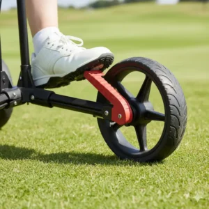 Bremssystem am Rad eines golf trolley 3 räder stabil auf einer Schräge.